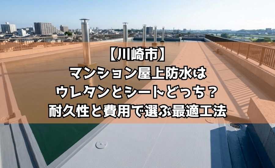 清々しい晴れた朝、川崎のマンションの広大な屋上を捉えた圧巻の広角建築写真。継ぎ目のない上品なダークグリーンのウレタン塗膜防水（ステンレス製脱気筒付き）と、整然とディスク固定されたライトグレーの防滑性塩ビシート防水が美しく施工された様子を捉えています。遠景には澄んだ青空の下に川崎の街並みが広がり、高精細なディテールとプロ仕様の一眼レフ撮影、信頼感あふれる8K解像度。